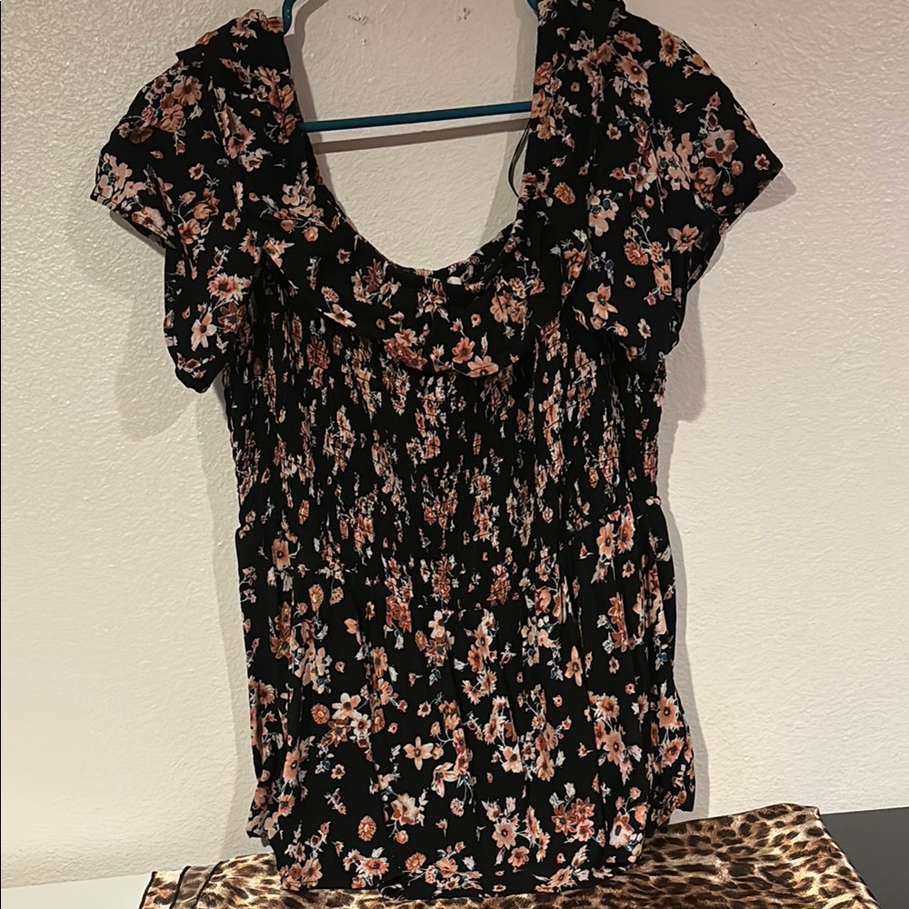Maurices Pink and Green Smocked Cap Sleeve Blouse